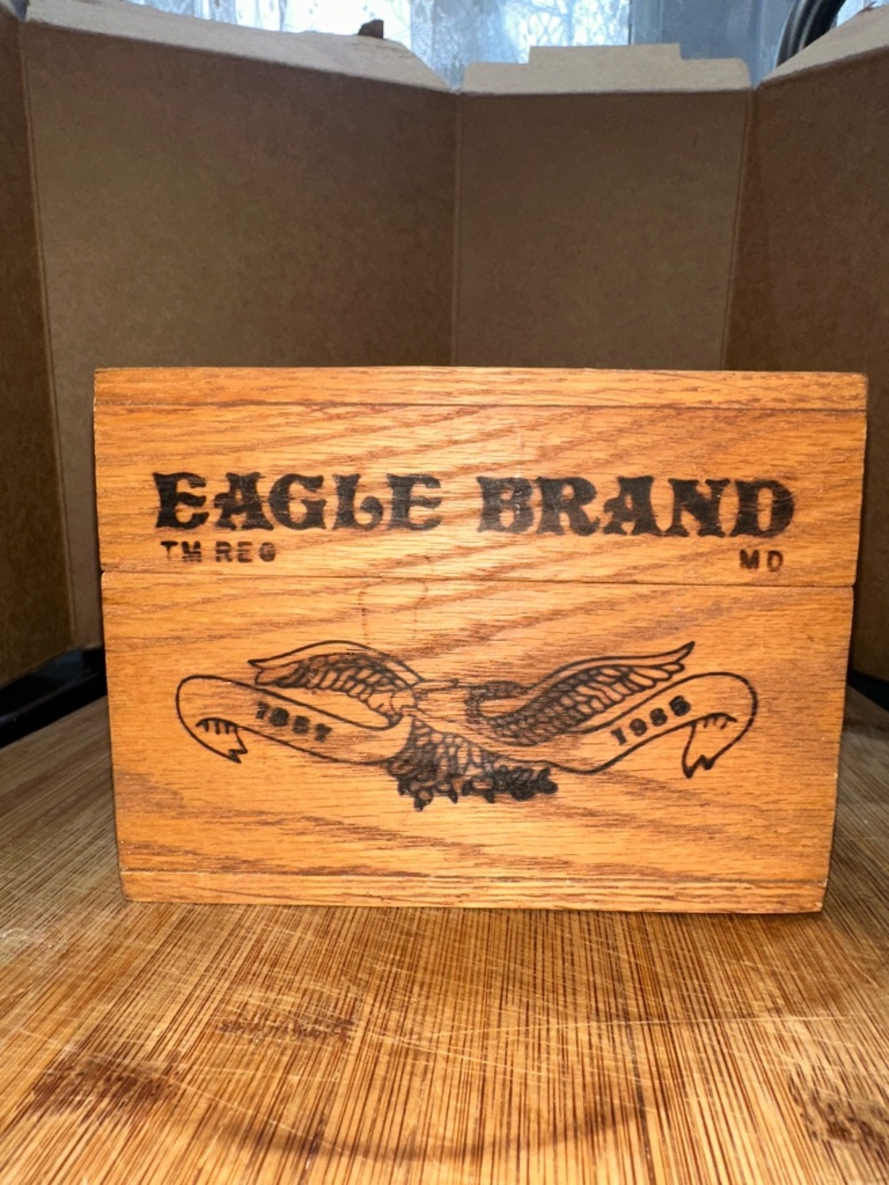 Eagle Brand Wooden Box with Burned Eagle Graphic, brass hinges
